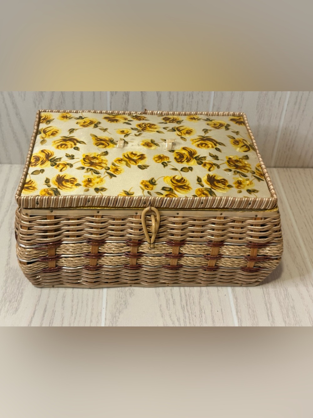 Vintage Woven Wicker Sewing Basket Box W/ Insert Flowers Fabric Japan Boho MOD.